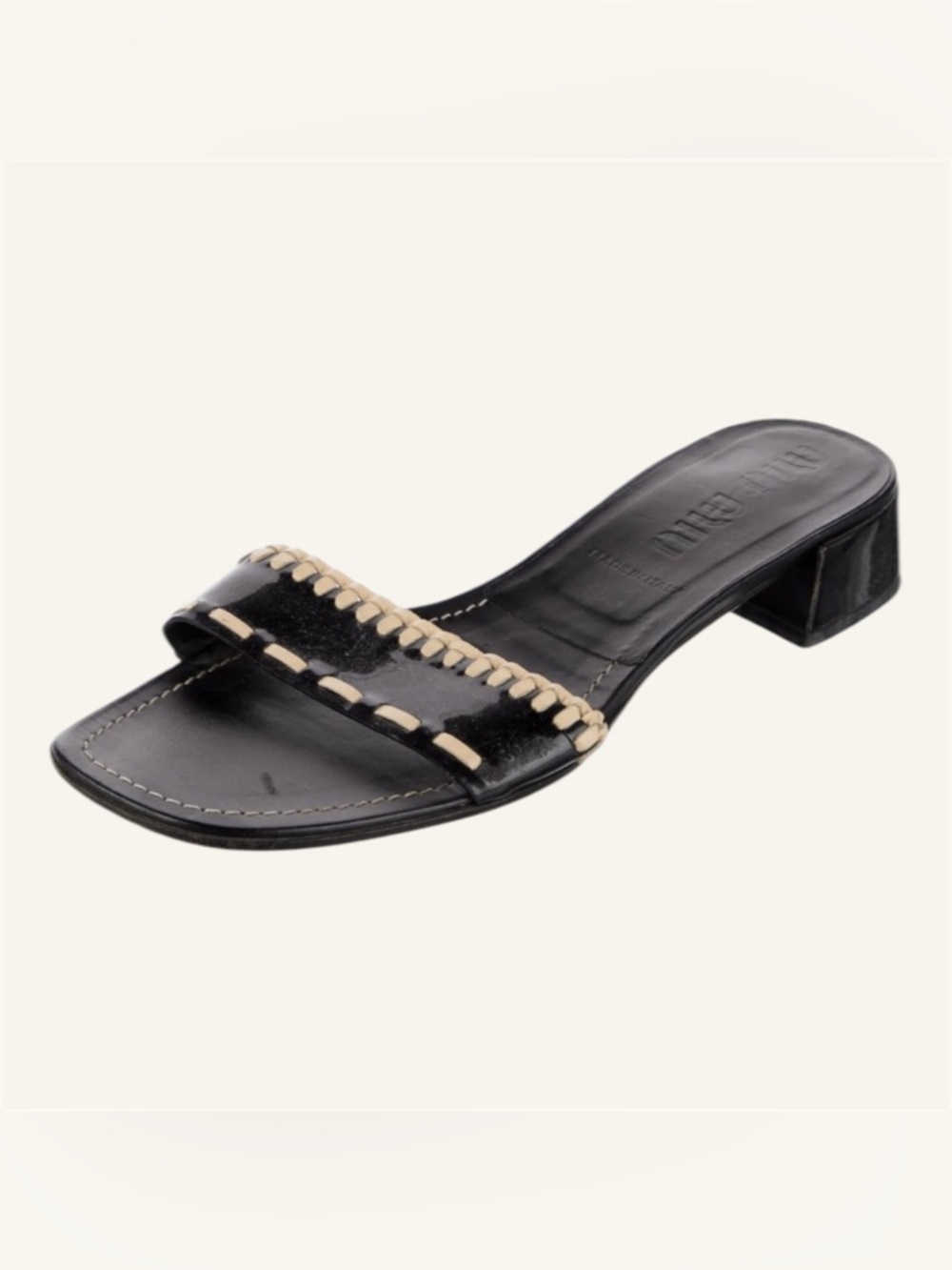 Miu Miu Black Leather Slide Sandal with Beige Stitching